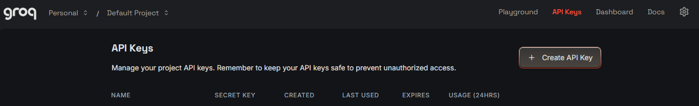 Groq Console - API Keys section